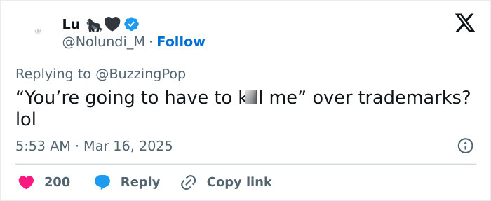 A tweet responding to trademark issues with surprise and humor. A tweet responding to trademark issues with surprise and humor.