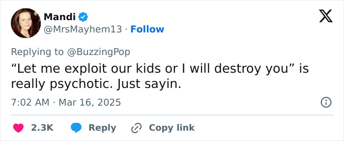 Tweet criticizing the use of North West in Kanye's Diddy song, saying, "Let me exploit our kids or I will destroy you. Tweet criticizing the use of North West in Kanye's Diddy song, saying, "Let me exploit our kids or I will destroy you.
