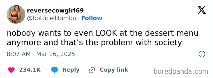 Tweet about societal issues, humorously stating no one looks at the dessert menu, linked to generational wealth.