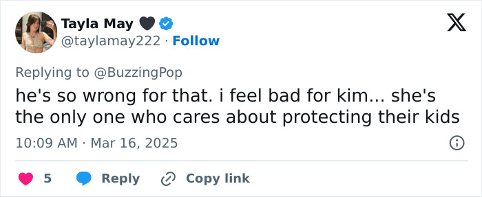 Tweet expressing concern for Kim Kardashian over Kanye West's actions involving their kids. Tweet expressing concern for Kim Kardashian over Kanye West's actions involving their kids.