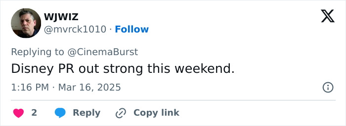 Tweet about Disney PR, discussing strong presence amid reviews of the new Snow White live-action.