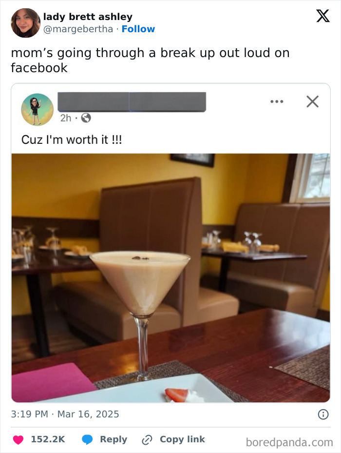 Funny X post shows a mom humorously announcing breakup on Facebook, featuring a cocktail in a cozy restaurant.