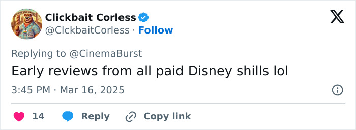 Tweet referencing Disney shills' reviews on 'woke' Snow White live-action film, posted on March 16, 2025.