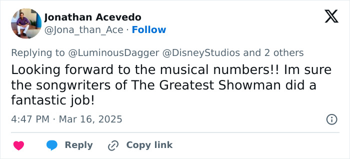 Tweet discussing anticipation for musical numbers in 'woke' Snow White live-action by Disney.