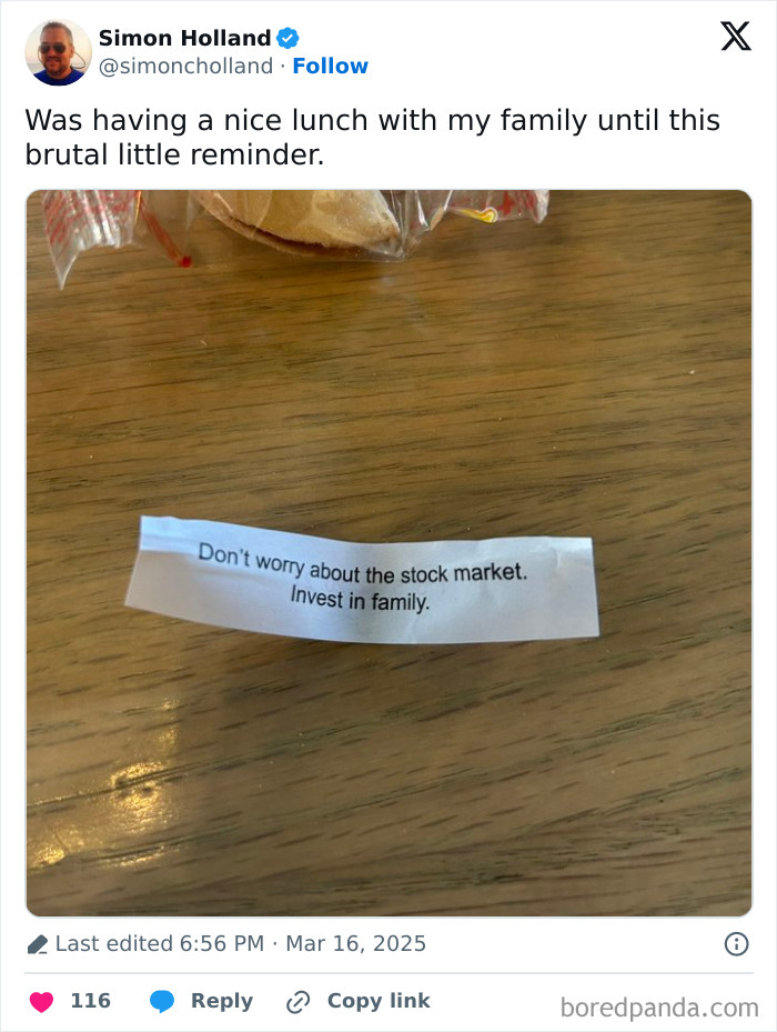 Fortune cookie message reads: "Don’t worry about the stock market. Invest in family." Humorous parenting tweet.