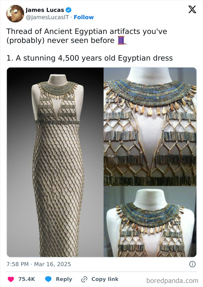 Ancient Egyptian artifact: a 4,500-year-old ornamental dress showcasing the civilization's artistry.