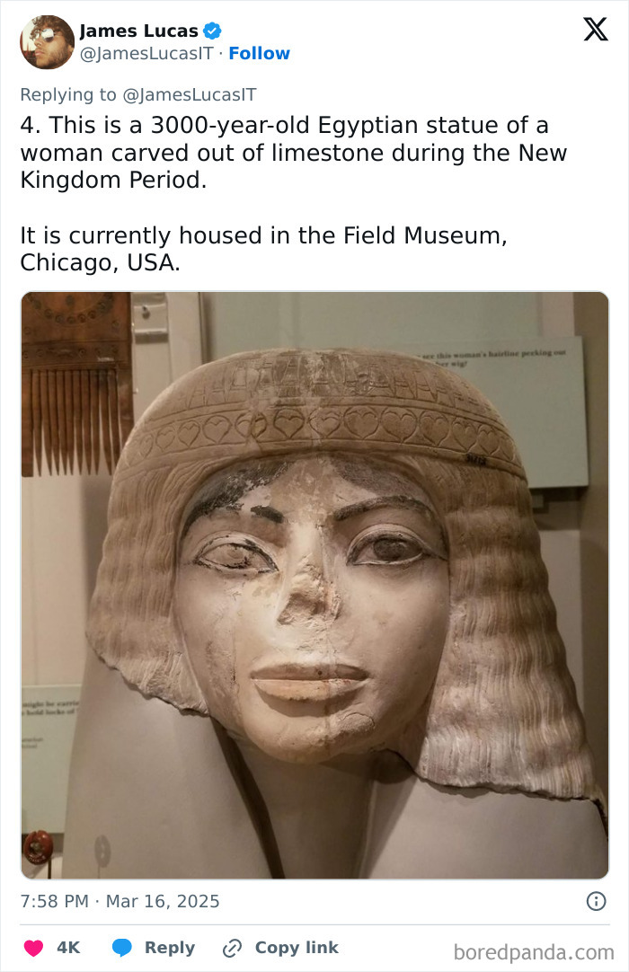 Ancient Egyptian limestone statue of a woman from the New Kingdom, displayed at the Field Museum, Chicago.