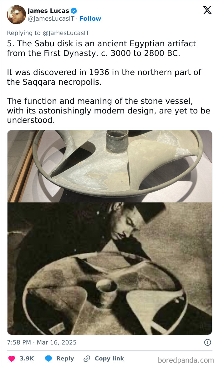 Ancient Egyptian artifact, Sabu disk, from First Dynasty shown in a museum display with its intricate, mysterious design.