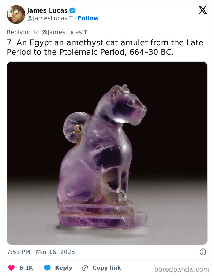 Ancient Egyptian amethyst cat amulet from the Late to Ptolemaic Period, 664-30 BC, showcasing Egyptian artifacts.