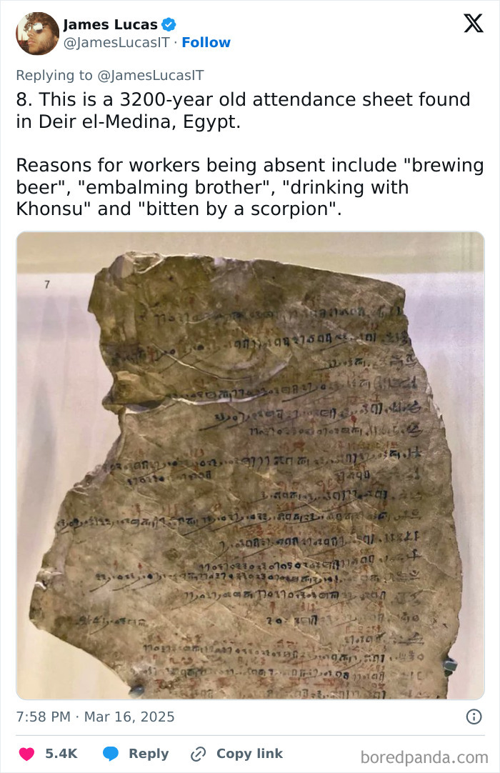 Ancient Egyptian artifact: a 3200-year-old attendance sheet with unique absence reasons, found in Deir el-Medina.