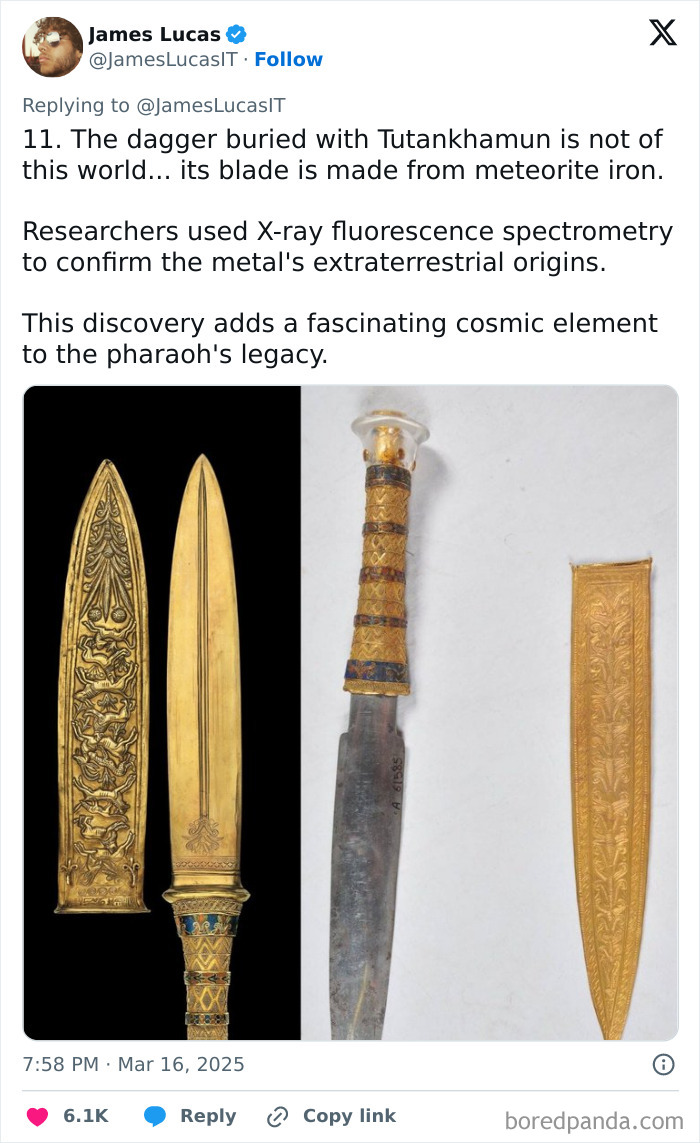 Ancient Egyptian dagger with intricate gold sheath and handle, made from meteoric iron.