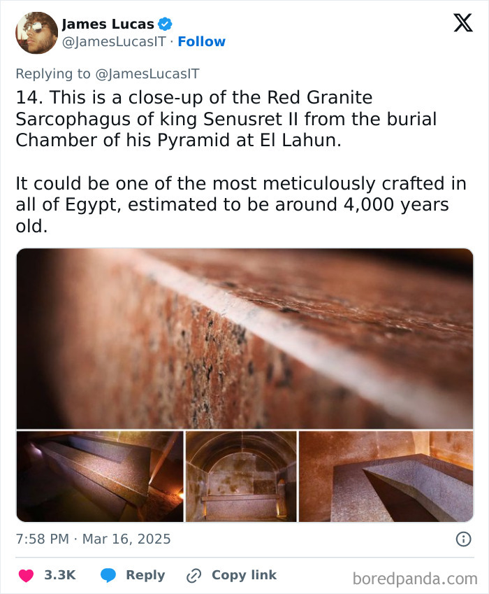 Close-up of ancient Egyptian sarcophagus of Senusret II, showcasing exquisite red granite craftsmanship.