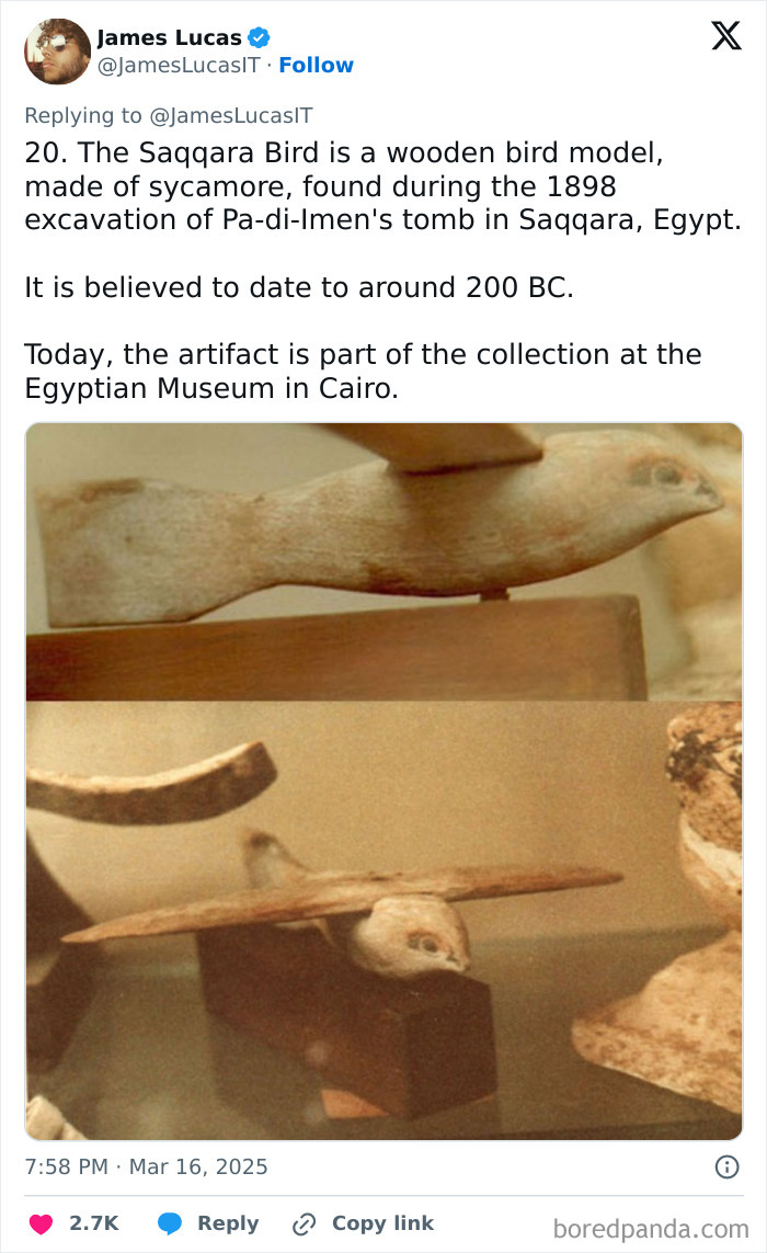 Ancient Egyptian artifact, the Saqqara Bird, a wooden bird model dated to 200 BC, displayed in the Egyptian Museum.