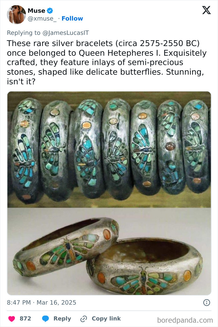 Ancient Egyptian silver bracelets with semi-precious stone inlays, belonging to Queen Hetepheres I.