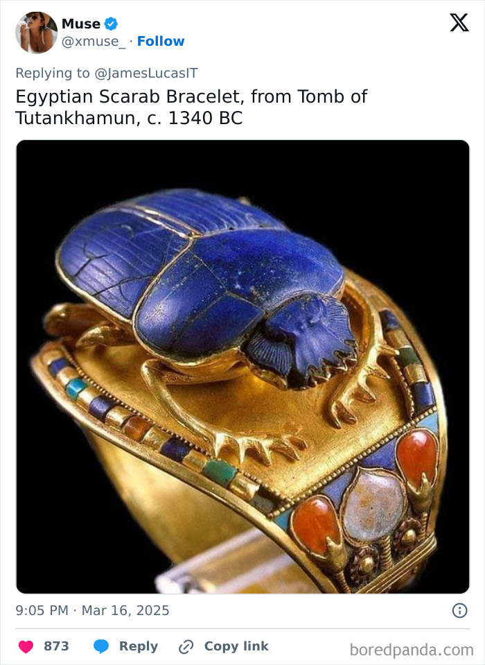 Ancient Egyptian scarab bracelet with intricate gold and gemstone design, c. 1340 BC from Tutankhamun's tomb.