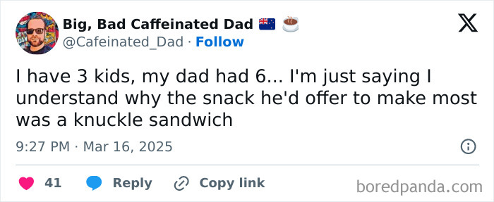 A tweet from Big, Bad Caffeinated Dad humorously relates parenting challenges.