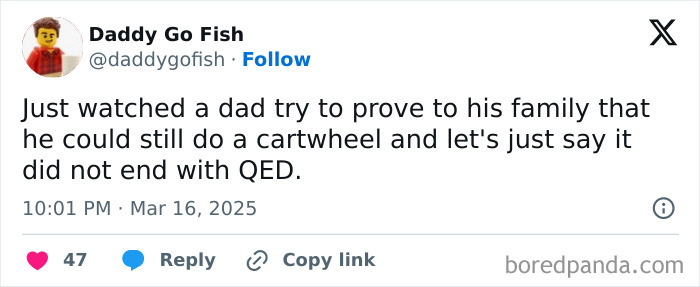 A dad humorously fails at a cartwheel, shared in a funny parent tweet.