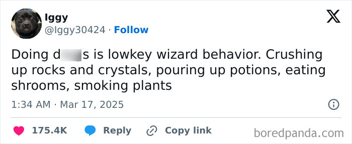 Tweet humorously comparing certain behaviors to wizardry, highlighting a funny post of the month.
