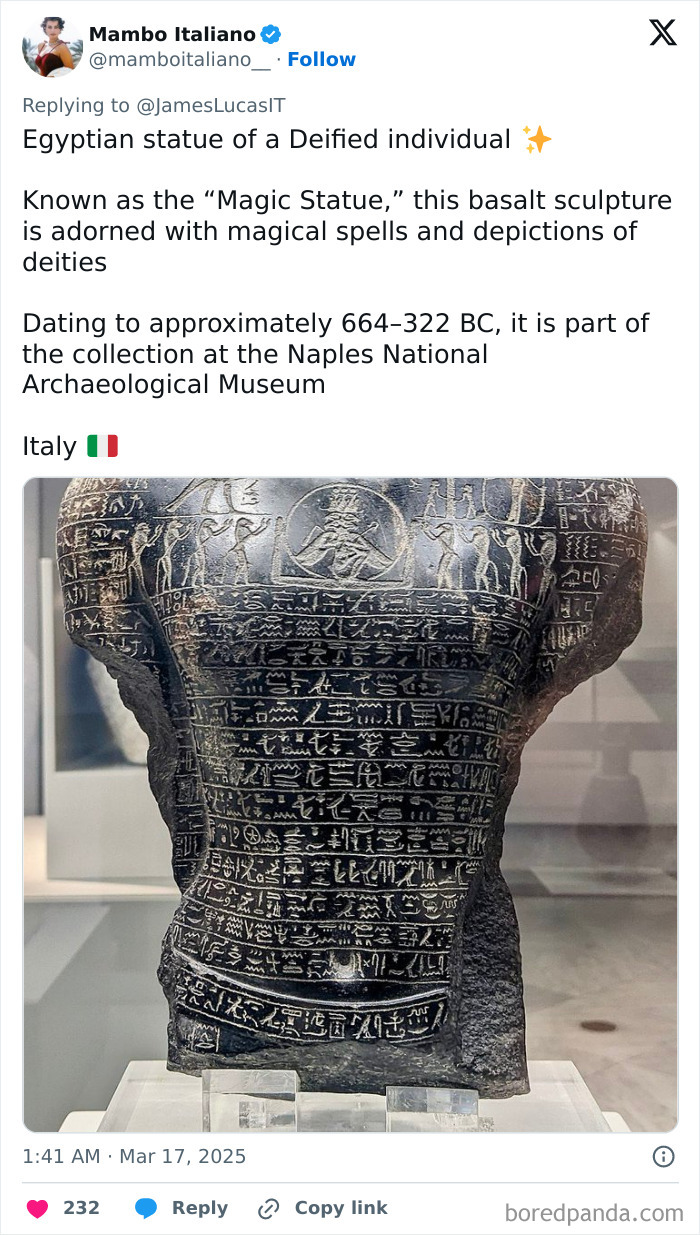 Ancient Egyptian artifact, basalt statue inscribed with magical spells and deities, from Naples Museum collection.