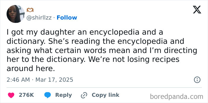 Parent shares a funny Twitter post about their daughter using encyclopedia and dictionary.