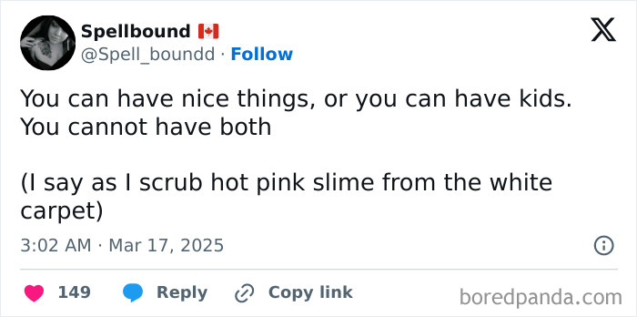 Parent tweet humorously highlights the struggle of keeping nice things with kids, mentioning pink slime on a white carpet.