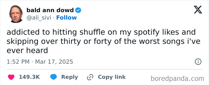 Tweet humorously describing the frustration of shuffle playing bad Spotify songs.