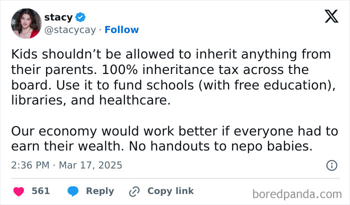 Tweet proposing 100% inheritance tax to improve economy by avoiding wealth handouts to "nepo babies."