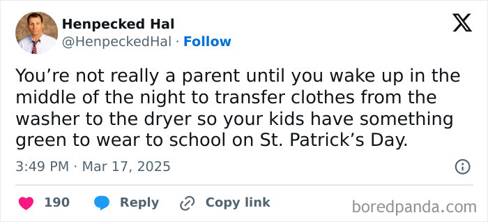 Tweet about a parent's late-night laundry task for kids' St. Patrick's Day outfit.