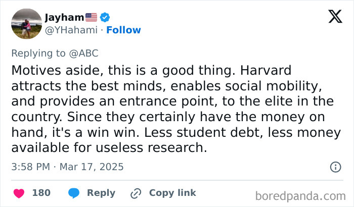 Tweet discussing Harvard's decision to offer free tuition for families making $200K or less, highlighting social mobility. Tweet discussing Harvard's decision to offer free tuition for families making $200K or less, highlighting social mobility.