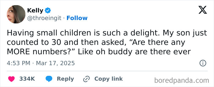 Funny Twitter post about a child's amusing question on numbers, highlighting parental delight.
