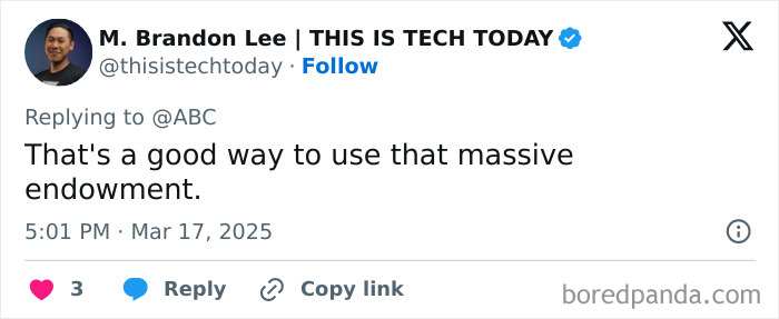 Tweet commenting on Harvard's endowment amid free tuition announcement for families earning $200K or less. Tweet commenting on Harvard's endowment amid free tuition announcement for families earning $200K or less.
