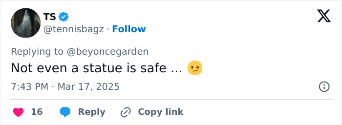 Tweet criticizing male tourists' disrespectful behavior towards a female statue, expressing concern with a frown emoji.