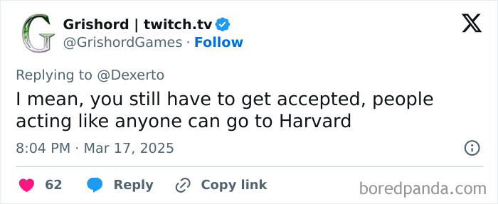 Tweet commenting on Harvard's free tuition announcement, pointing out acceptance is still required. Tweet commenting on Harvard's free tuition announcement, pointing out acceptance is still required.