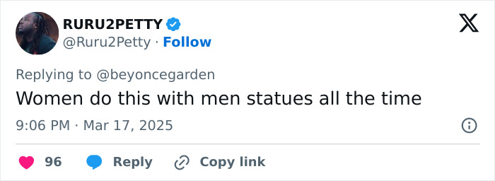 Tweet discussing debate on male tourists and female statue interactions.