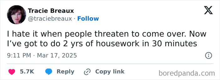 A funny tweet about rushing to do two years of housework in 30 minutes before guests arrive.