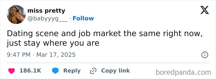 Tweet humorously comparing dating and job market, part of monthly funniest posts on generational wealth.