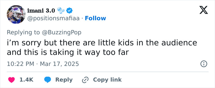 Tweet expressing concern about Sabrina Carpenter show being inappropriate for kids.