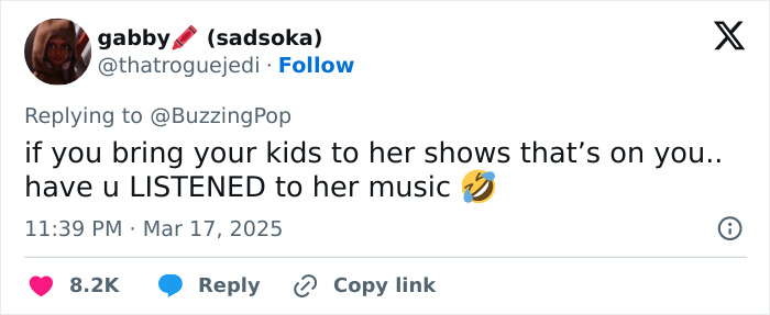 Tweet criticizing Sabrina Carpenter's show being inappropriate for kids, questioning if parents know her music.