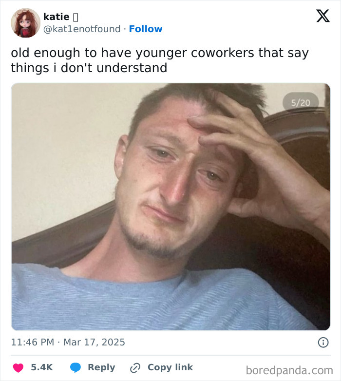 A person looking confused with hand on forehead, captioned about younger coworkers in a funny X post.