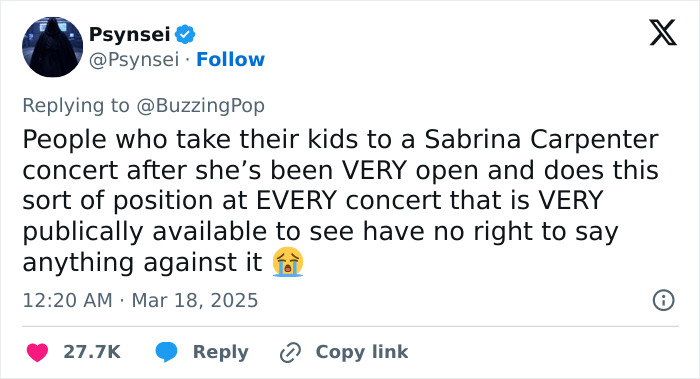 Tweet discussing Sabrina Carpenter's concert performances.