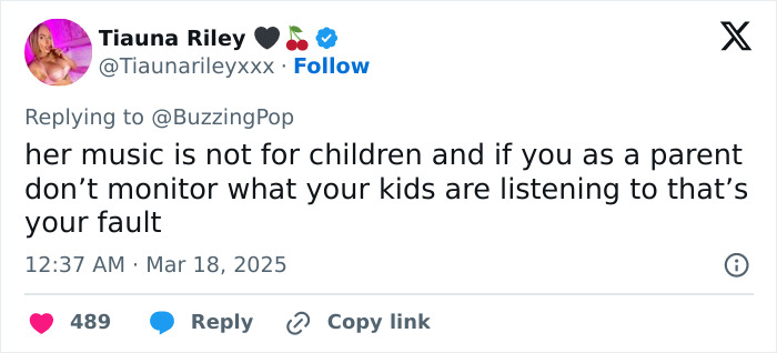 Tweet discusses Sabrina Carpenter show's appropriateness for children, with a user commenting on parental responsibility.