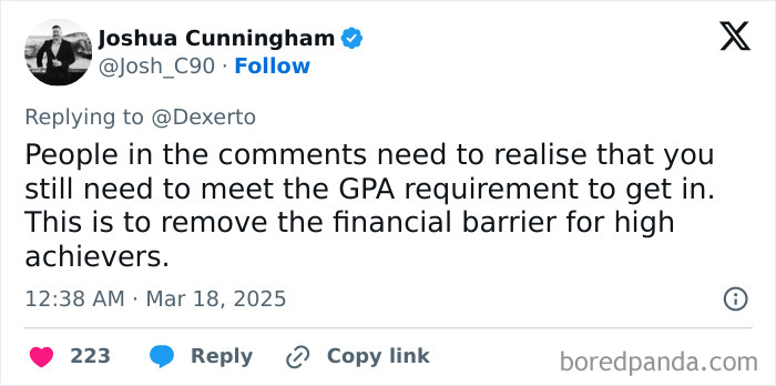 Tweet about Harvard's free tuition highlights GPA requirements and financial aid for achievers. Tweet about Harvard's free tuition highlights GPA requirements and financial aid for achievers.