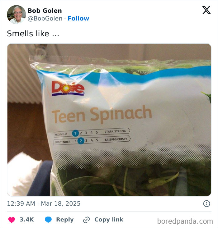 Funny X post of a Dole Teen Spinach bag with humorous text.