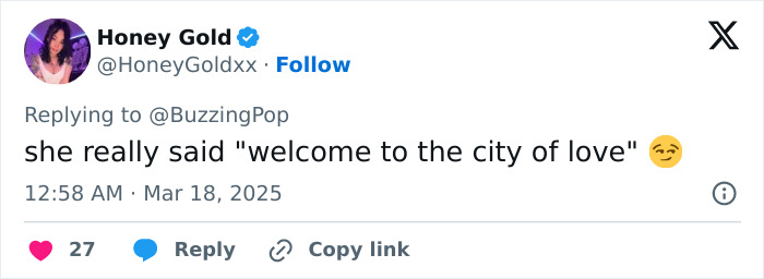 Tweet by @HoneyGoldxx reacting to Sabrina Carpenter's controversial show with a playful message about "city of love.