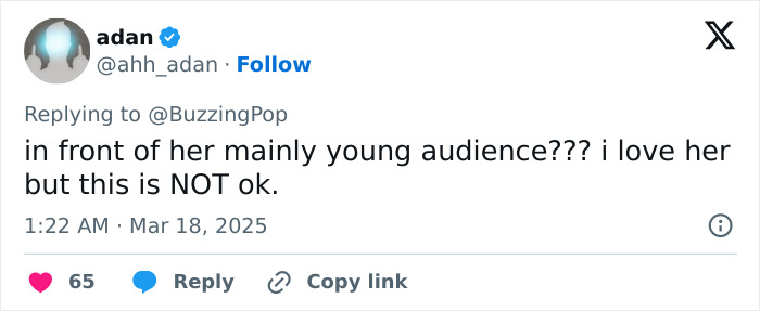 Tweet expressing concerns over Sabrina Carpenter's shows and inappropriate acts in front of young audiences.