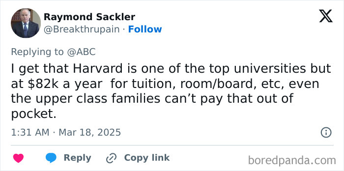 Tweet discussing Harvard tuition costs and affordability for upper-class families. Tweet discussing Harvard tuition costs and affordability for upper-class families.