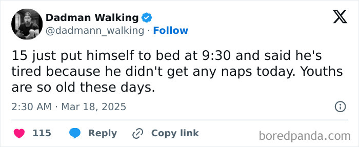 Tweet from a parent humorously sharing about their teen going to bed early due to lack of naps.