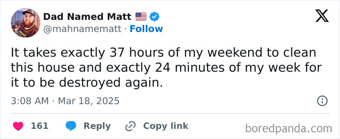 Parent tweet joking about cleaning the house every weekend, shared in March.