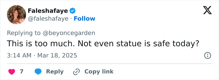 Tweet by Faleshafaye expressing outrage over a statue incident involving male tourists, March 18, 2025.