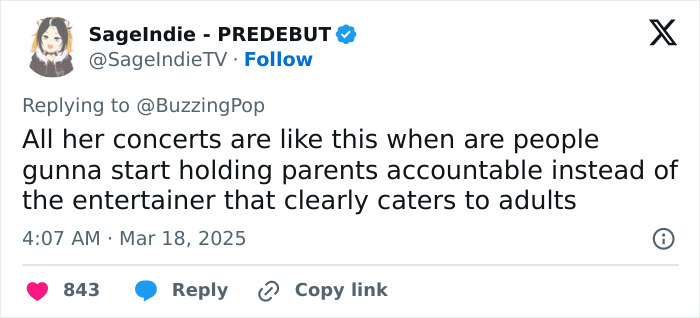 Tweet discussing complaints about Sabrina Carpenter's concerts being inappropriate for certain audiences.